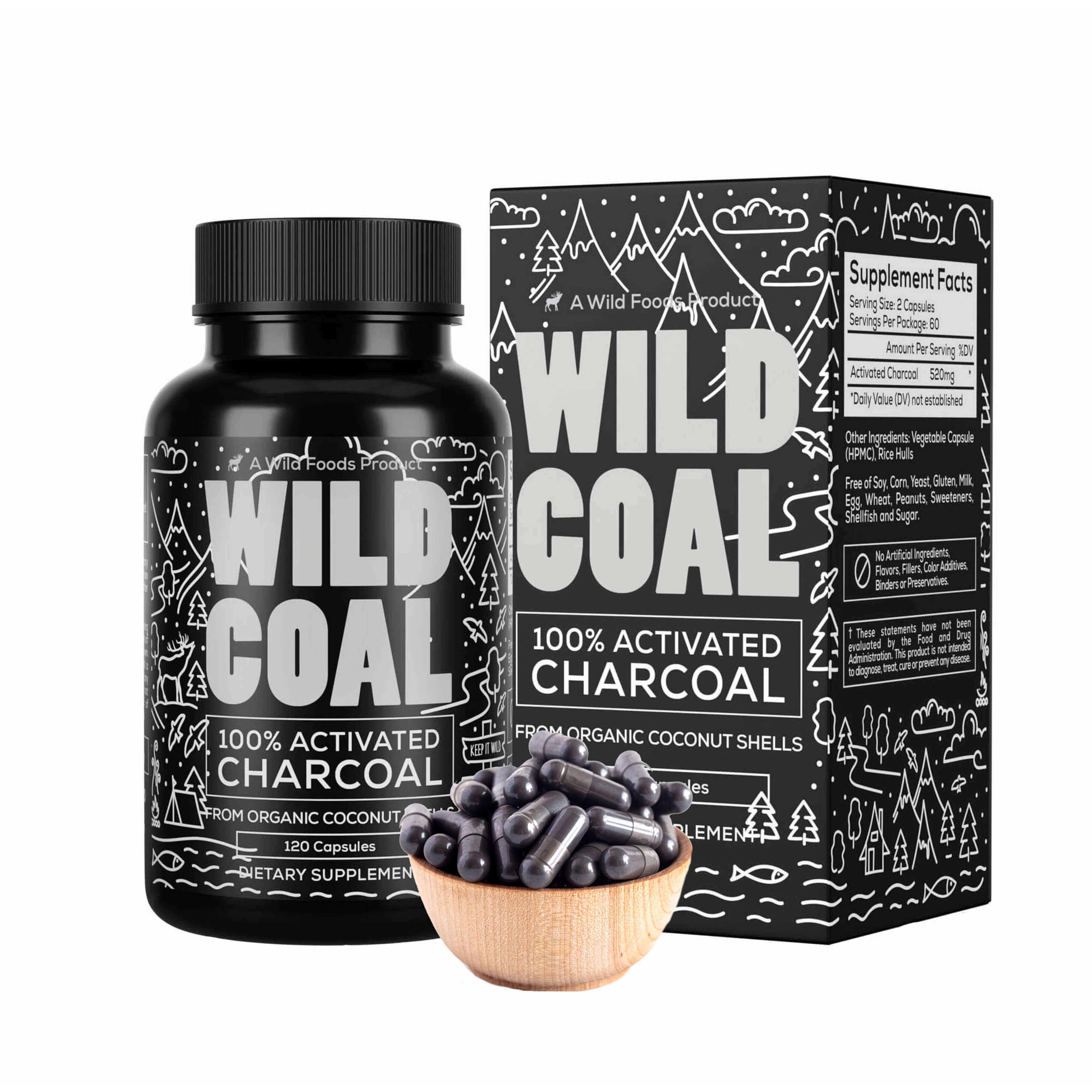 Activated Charcoal Capsules made from 100% Organic Coconuts, 120ct by Wild Foods