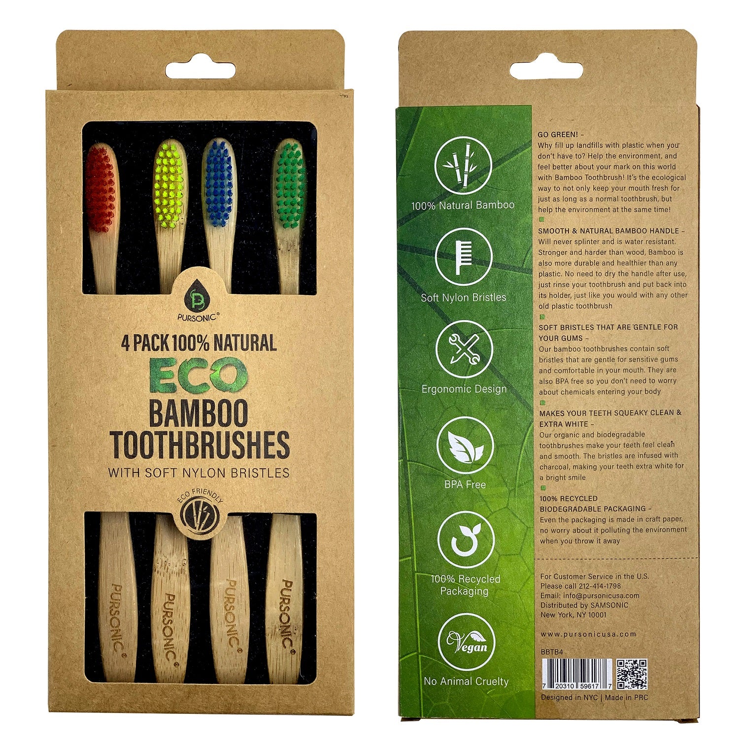 100% Natural Eco Bamboo Toothbrushes (4 pack) by Pursonic