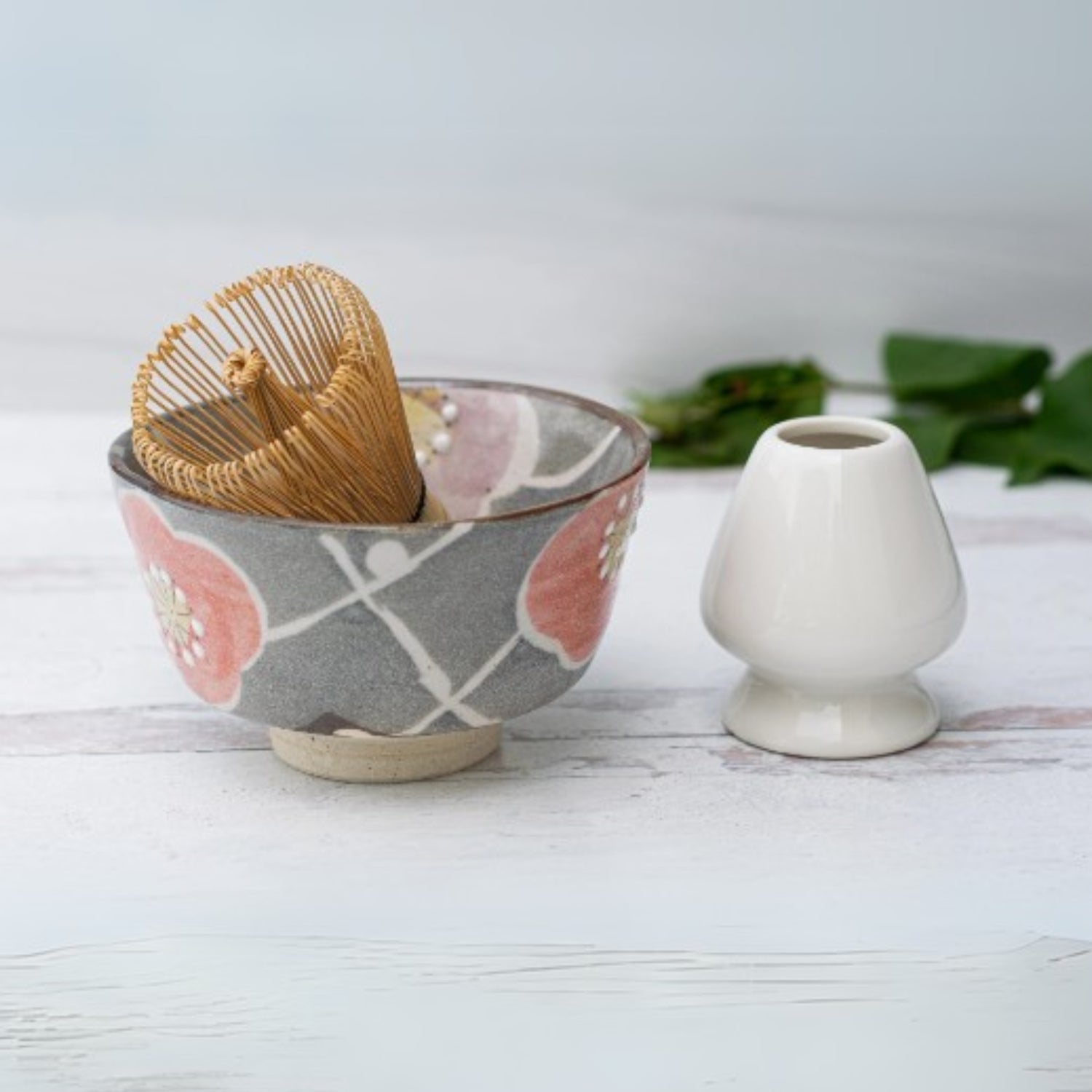 Gray with Flowers Matcha Bowl and Bamboo Whisk Set by Aprika Life