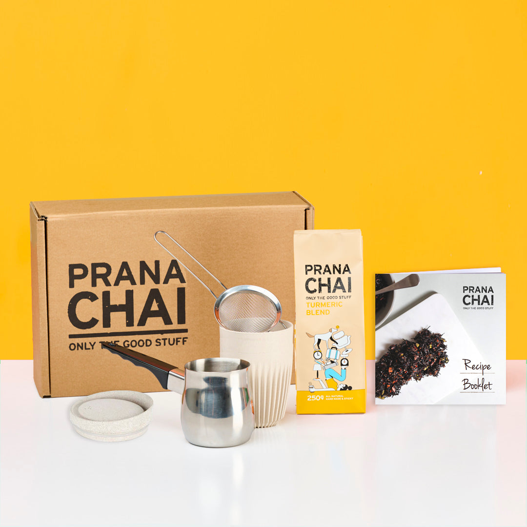 Prana Chai Turmeric Blend Starter Box with Huskee 12oz Cup & Lid by Prana Chai